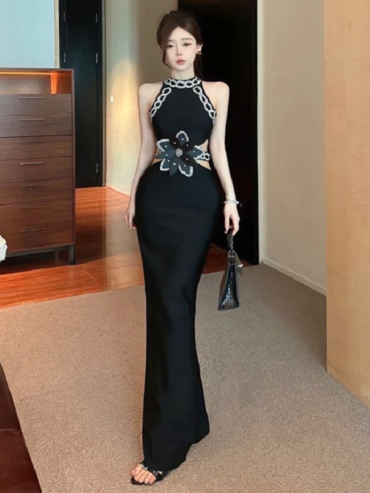2024 Summer Elegant Temperament Sleeveless Off Shoulder Nail Drill Tight Dress Women Cinching Waist Slim Long Dress