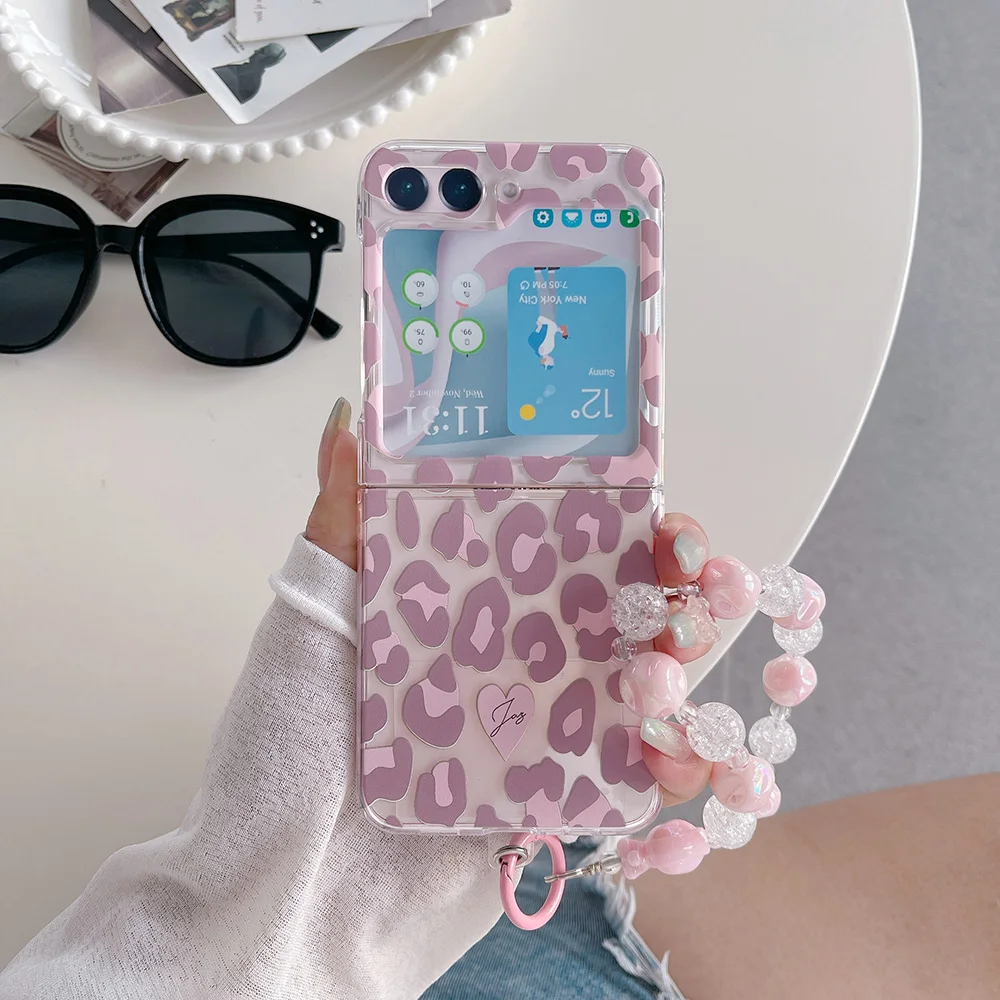 For Samsung Galaxy Z Flip 6 5 4 3 Case Leopard Pattern Transparent Optional with Bracelet Shockproof Protection Case Accessories