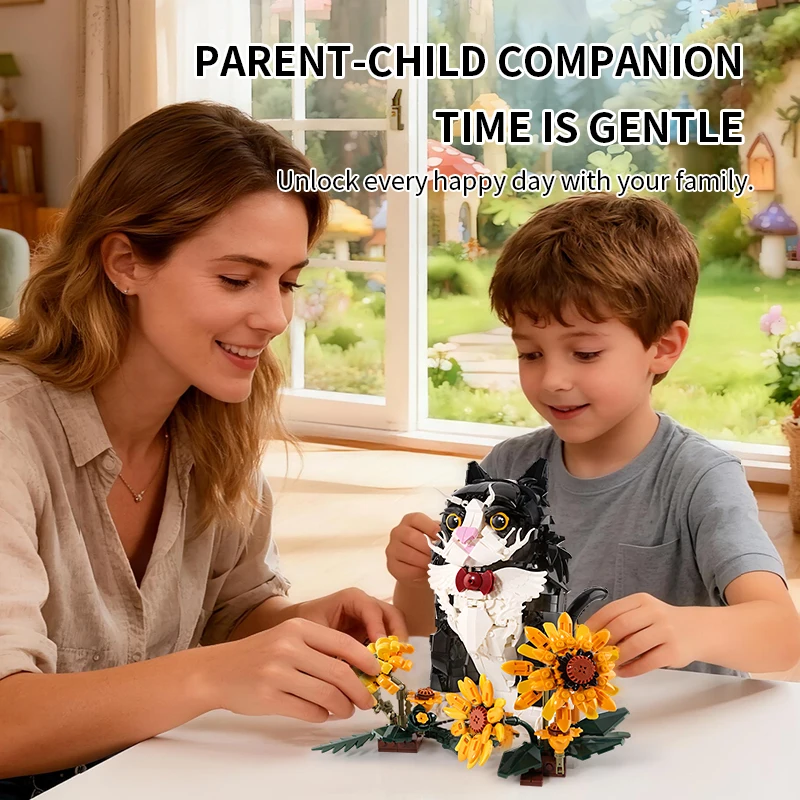 MOC Sonnenblumen Smoking Katze Bausteine Kit, 1434PCS Schwarz Weiß Blume Katze Tier Modell Bricks Sets DIY Kreative Spielzeug geschenk