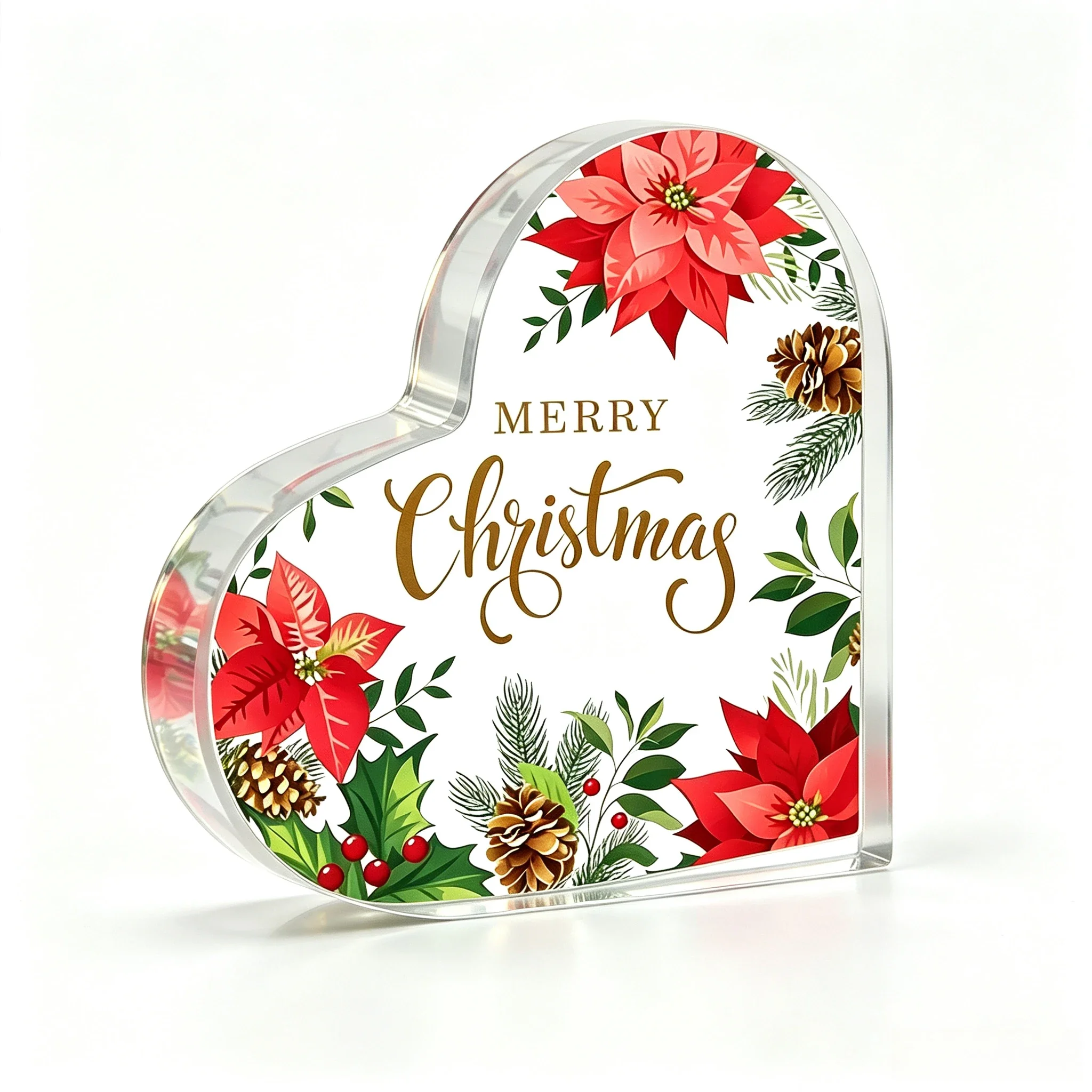 Merry Christmas Heart‑Shaped Acrylic Plaque, Poinsettia Pinecone Floral Table Decor