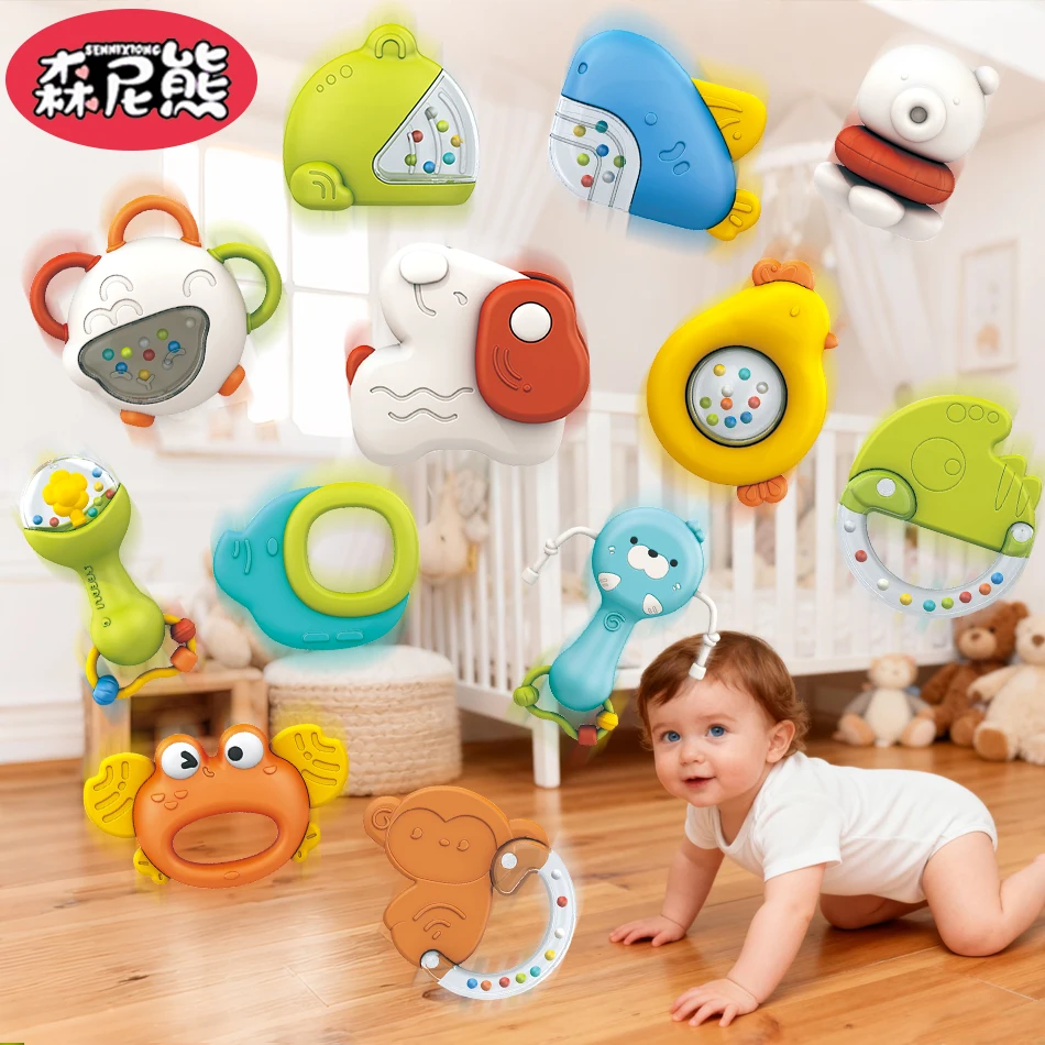 SENNIXIONG Baby Cartoon Puppy Crab Shark Rattle Baby Handbell Infant Chewable Teether Montessori Sensory Toy Newborn Gift