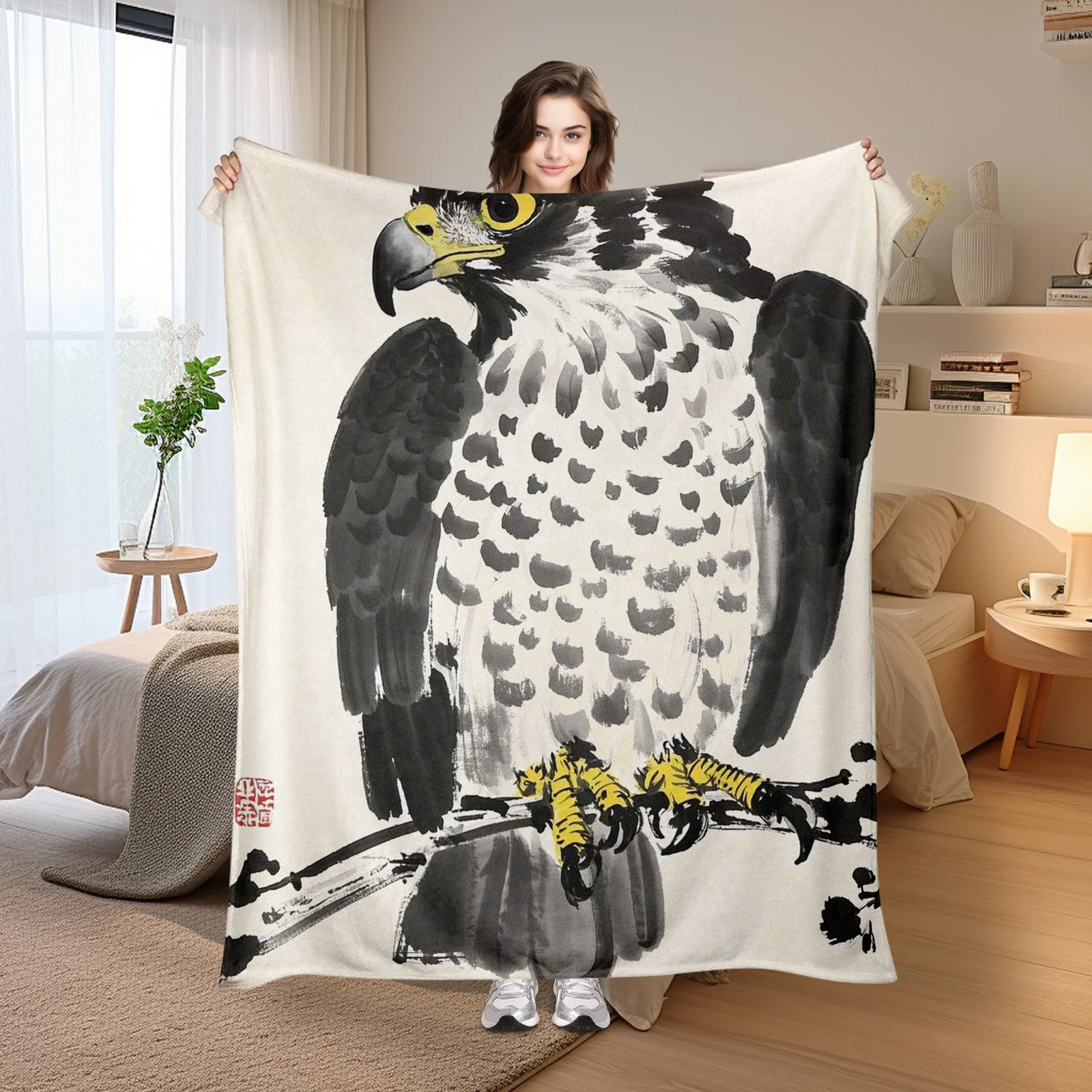 Ombre Eagle Blanket Branch Design Pale Yellow Theme Cozy Throw For Home Decor Gift Idea Artistic Nature Inspired Style