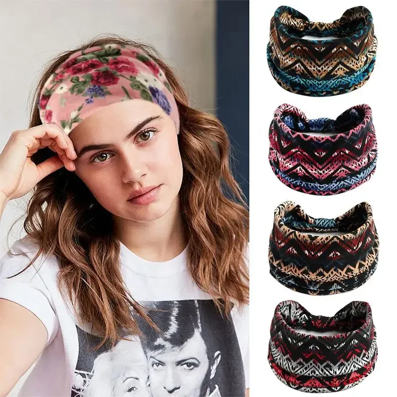 

2024 New Bohemian Flower Print Wide Headband retro Knot Elastic Headwrap Turban For Women Girls soft Bandanas Hair Accessories