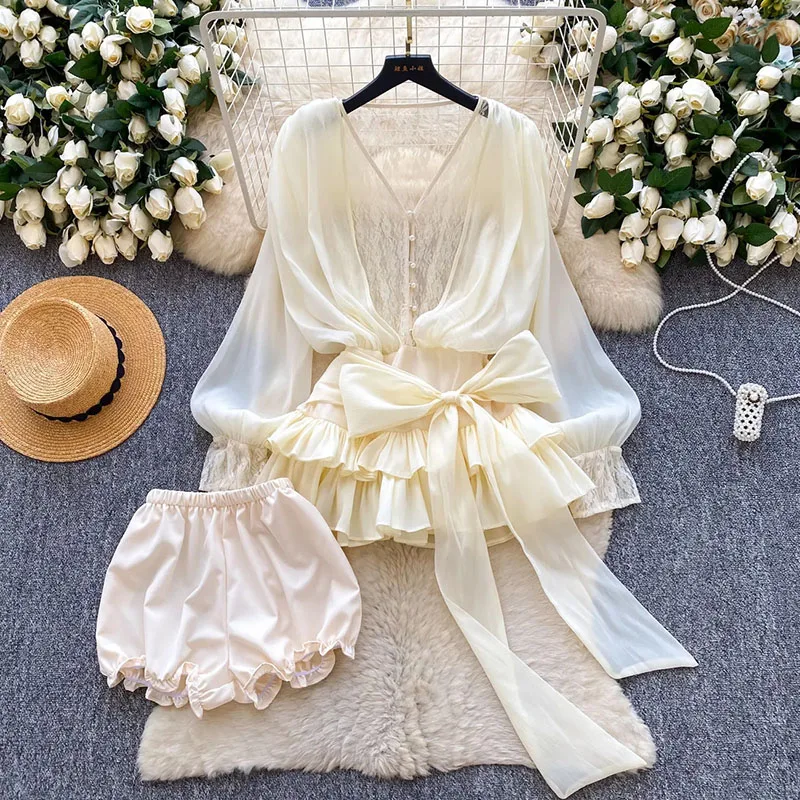 Fairycore Lace Chiffon Dresses With Stretch Shorts Pearl Button Bow Female Ruffles Sheer Seaside Holiday Mini Dress