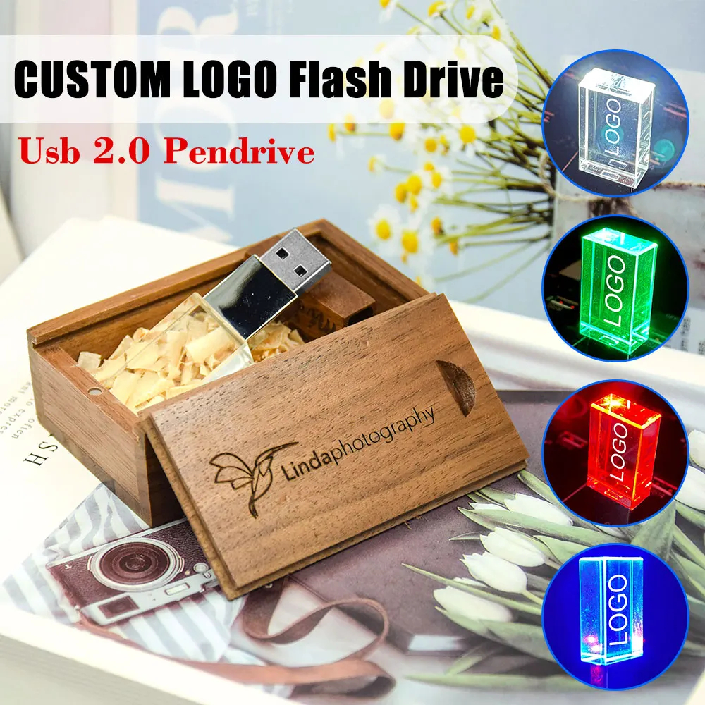 Creative Pen Drive Crystal 128GB 64GB 2.0 USB Flash Drive 32GB 16GB Wedding Photography Exquisite Transparent 8GB 4GB Wooden Box