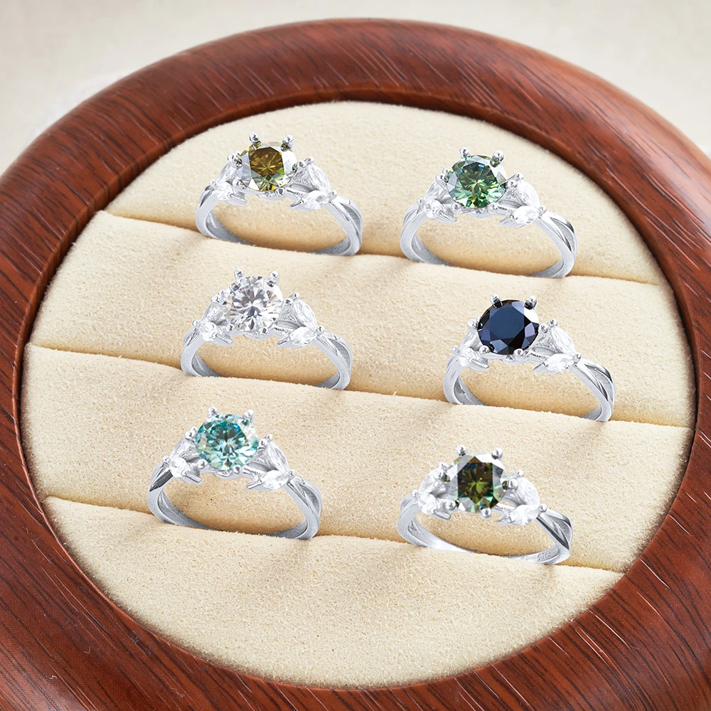 

BIJOX STORY S925 Sterling Silver Jewelry Luxury 1 Carat D-COLOR Moissanite Diamond Ring Female Flower Plant Design Size4-9 Gift