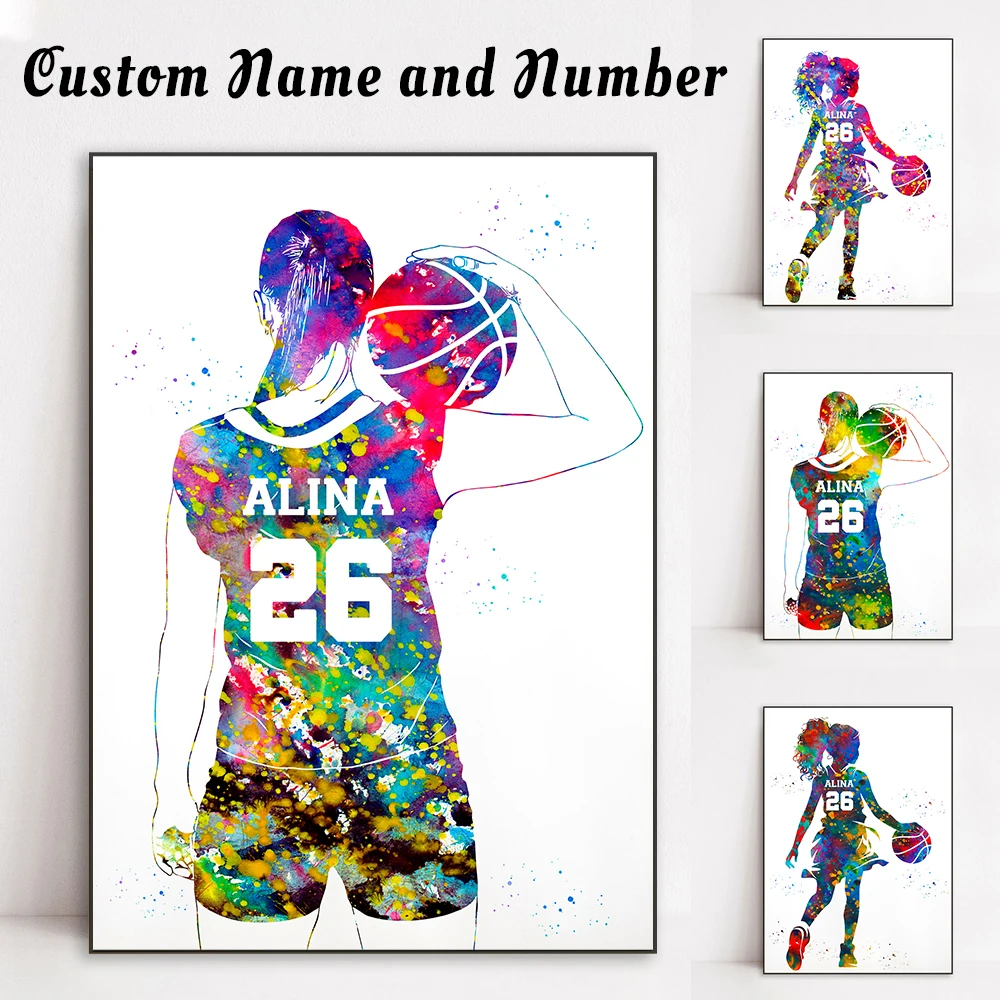 Custom Name and Number Sport Watercolor Prints Basketball Player Little Girl Personalized Art Poster Canvas Painting Decor Gifts