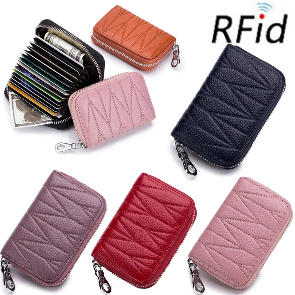 

RFID Blocking Anti-theft Brush Organ Card Wallet Genuine Leather Portable Multi-card Mini Wallet Zipper Credit Card Holder Purse