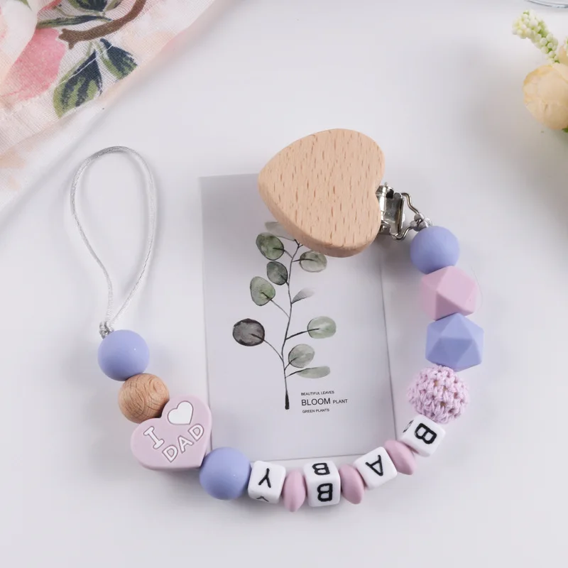 Chupete de dentición en forma de corazón hecho a mano con nombre personalizado para recién nacido, juguete masticable de silicona, soporte para