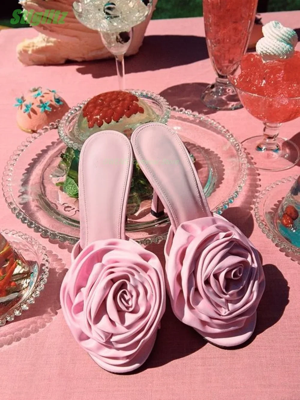 

Flower Women Slippers Thin High heel Sweet Romantic Pink Summer Fashion Open Round Toe Slip On Satin Party Solid Shoes