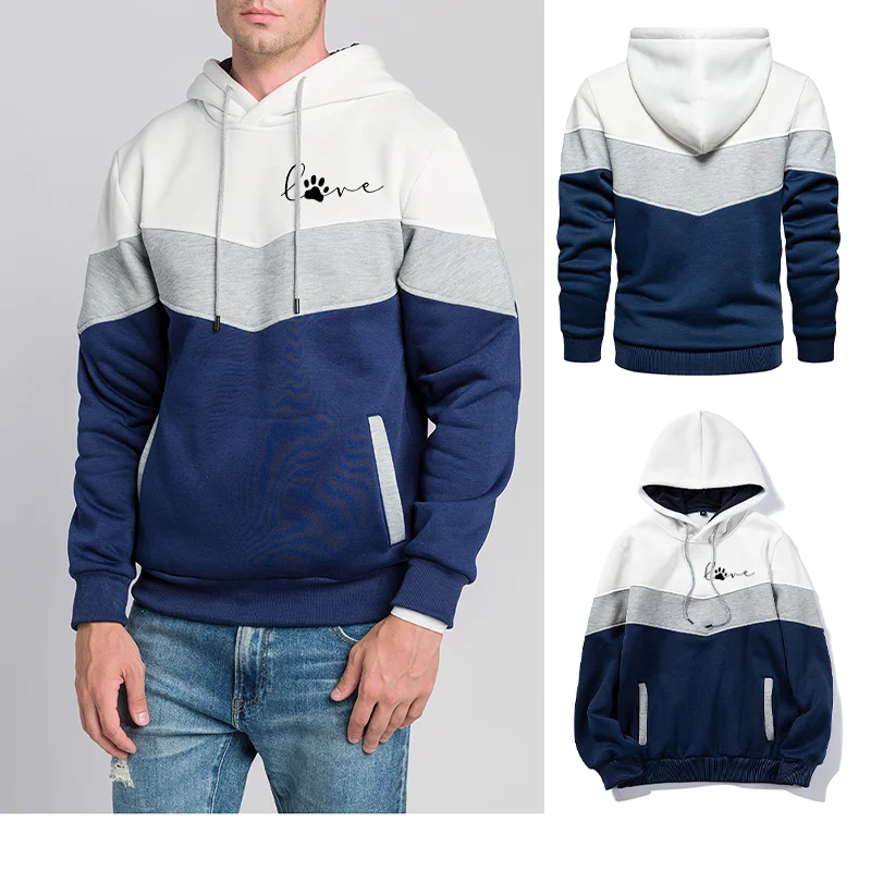 2024 mens new autumn hoodie, large pocket hooded tri-color patchwork fashion casual sweatshirt, long sleeve warm comfortable top