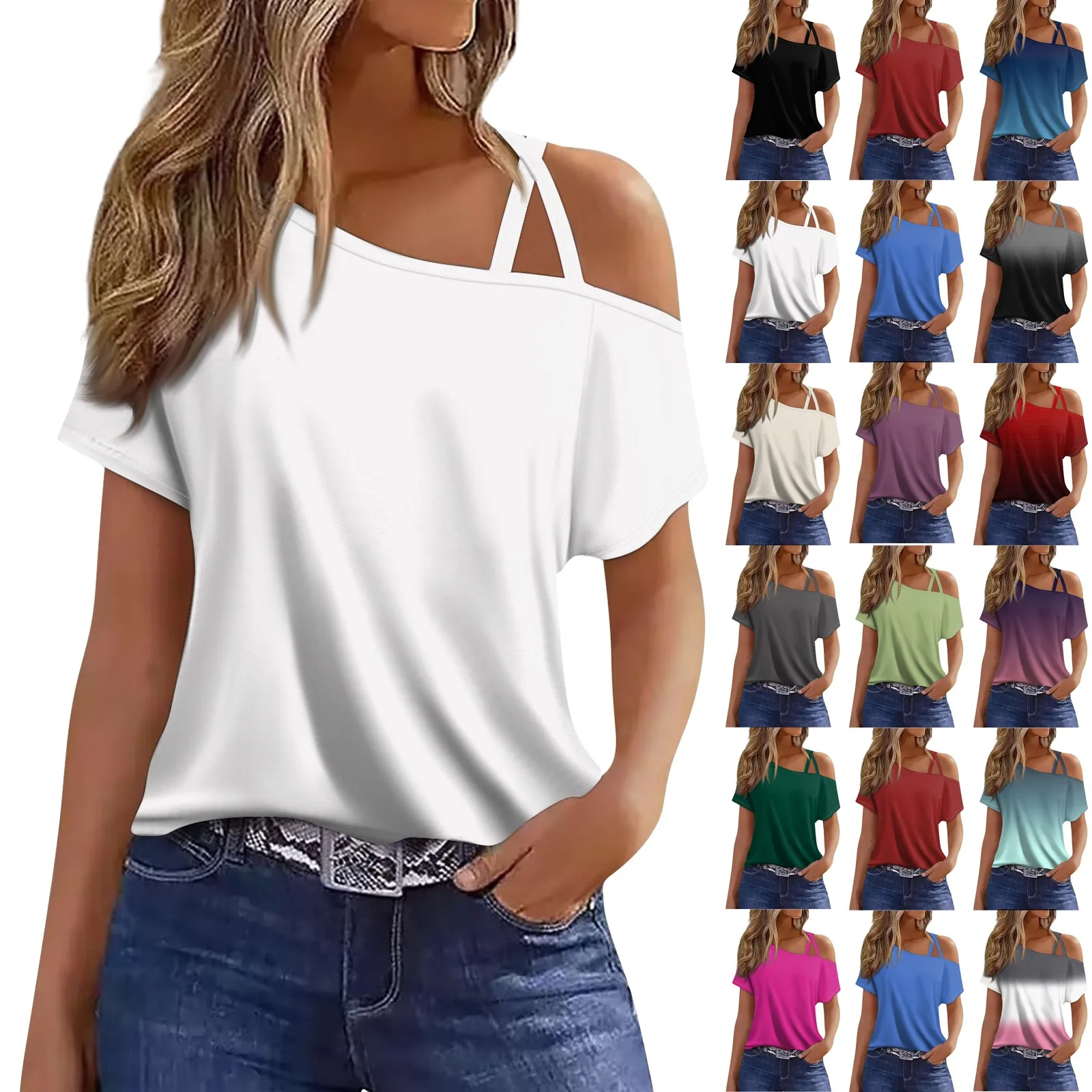 Women\'s Fashionable And Casual Solid Color Gradient Print Sexy Off Shoulder Short Sleeve Skew Collar Summer T-shirt Tops