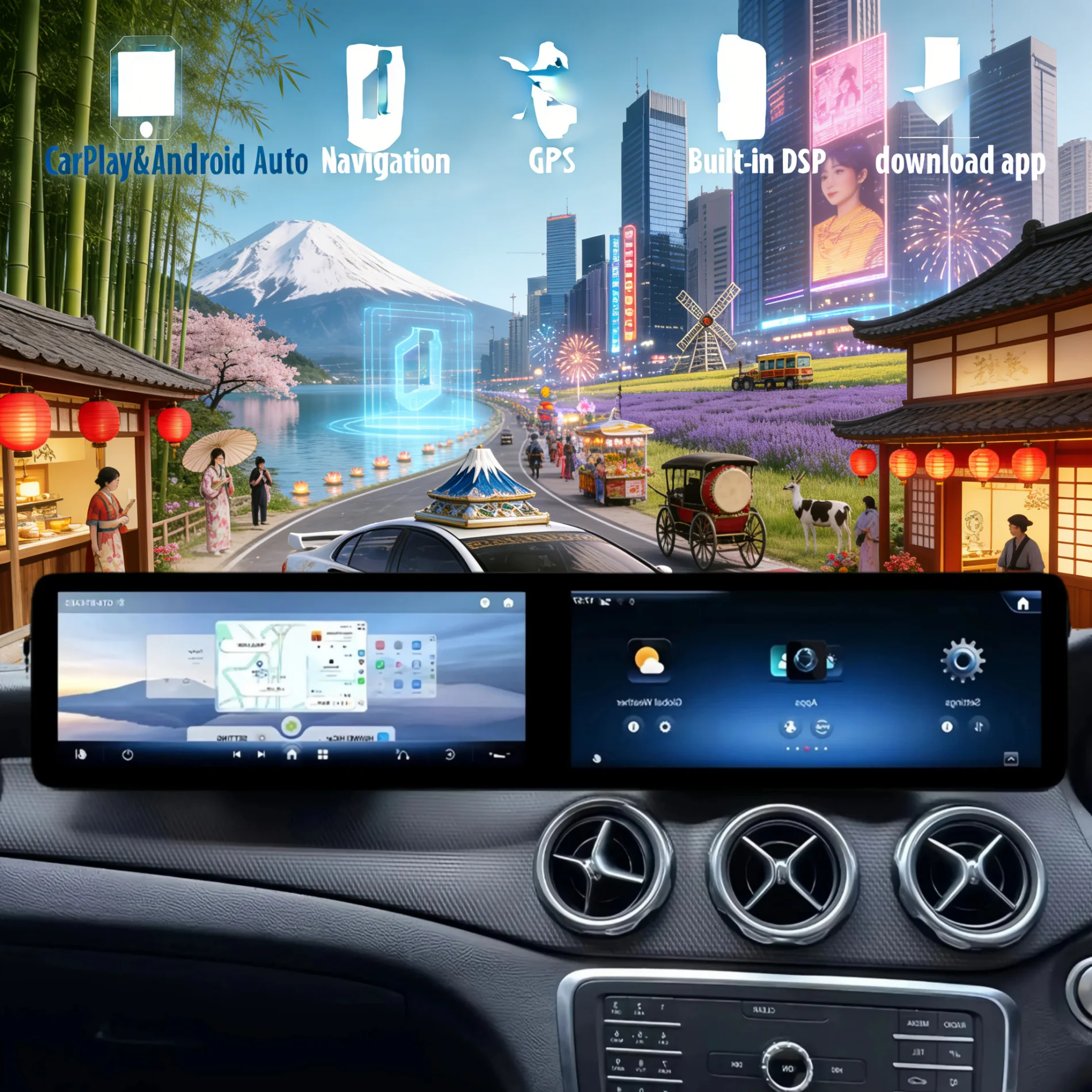 25.6 L RHD Android14 CarPlay Auto For Mercedes Benz A B C Class GLA CLA W205 W245 W246 W176 X156 C117 2013-2020 Screen Car Radio