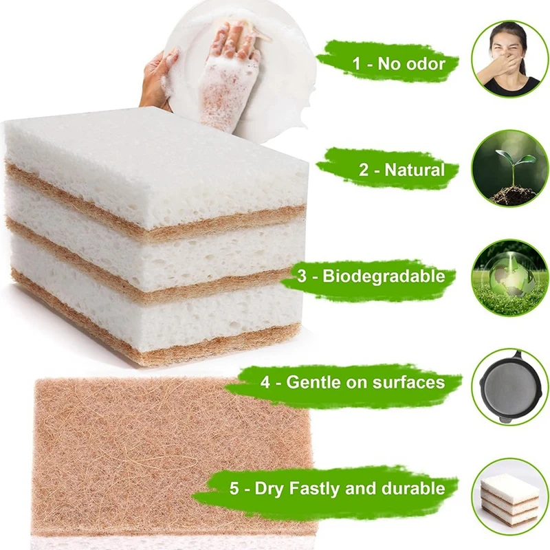 16PCS Biodegradable Compostable Cellulose Kitchen Sponges Coconut Scrubber For Dishes Cleaning