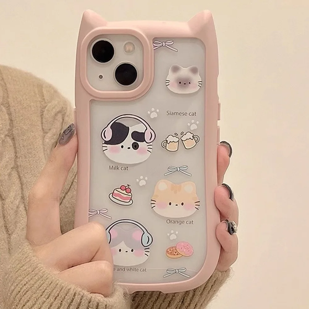 Cute Cartoon 3D Cat\'s ears Phone case For iPhone 15 14 13 12 11 Pro Max Fashion Pink Bow ShockProof Anti-fall TPU Soft shell