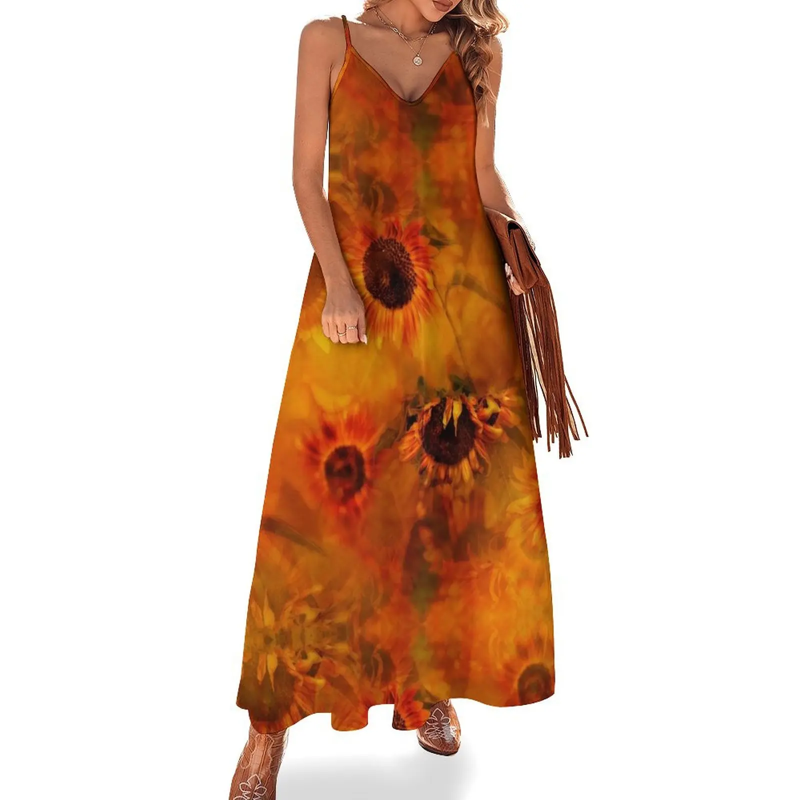 

Autumn Sunflowers Play Sleeveless Long Dress Female clothing Women's dress Dress