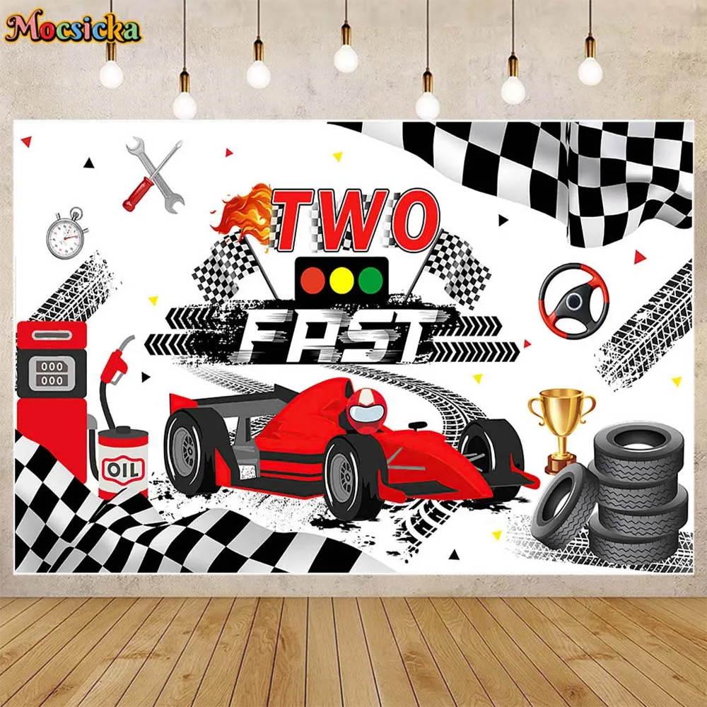 

Mocsicka Racing Theme Children Birthday Background Two Fast Red Sports Car Boy 2nd Birthday Party Decor Backdrop Photocall Props