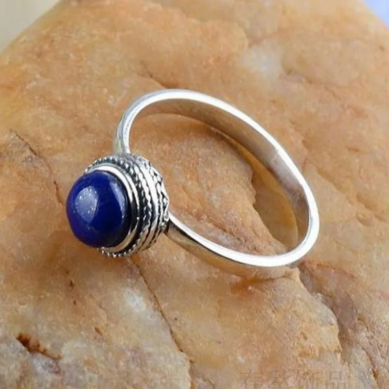 BOCAI New S925 Sterling Silver Thailand Nepal Hand Inlaid Natural Lapis Ring Special Retro Sweet Birthday Gift