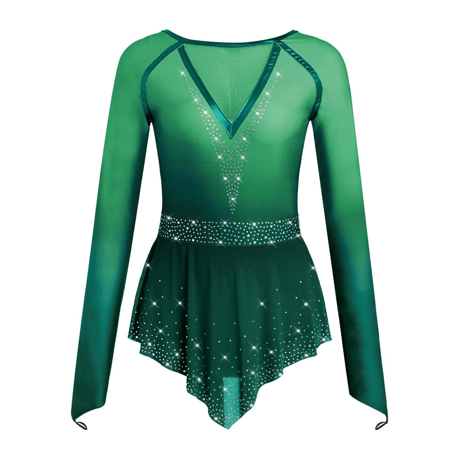 Vestido de Dança Lírica para Mulheres com Gradiente de Strass, Bodysuit de Ginástica, Patinação Artística e Ballet, Manga Longa, Saia de Rede, Macacão