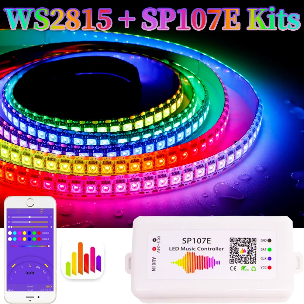 

WS2815 Led Strip With SP107E Bluetooth Music Controller 30/60/144 Pixels/m RGB Individually Addressable LED Light lamp Kit DC12V