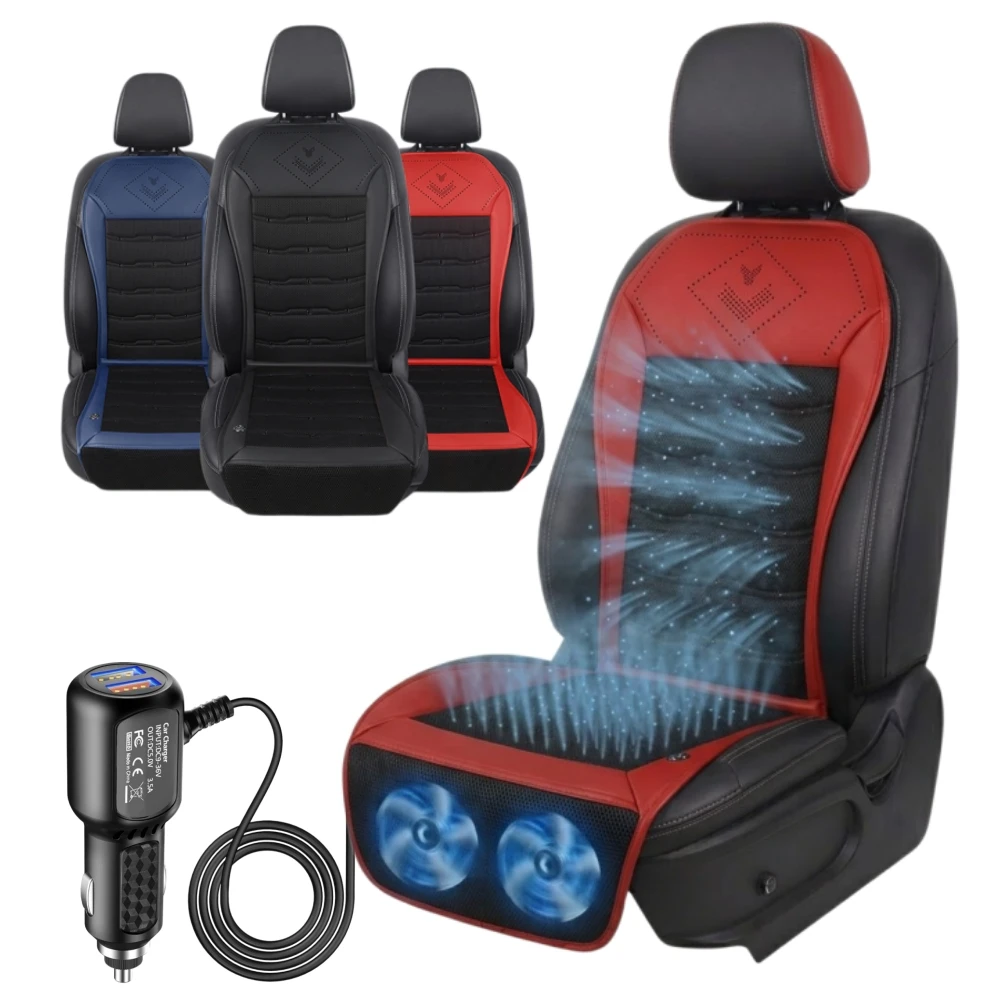 

Cooling Car Seat Cushion 12V Smart Auto Start/Stop Ventilated Summer Seat Cover Universal Fit Cooling Pad with Dual USB Ports