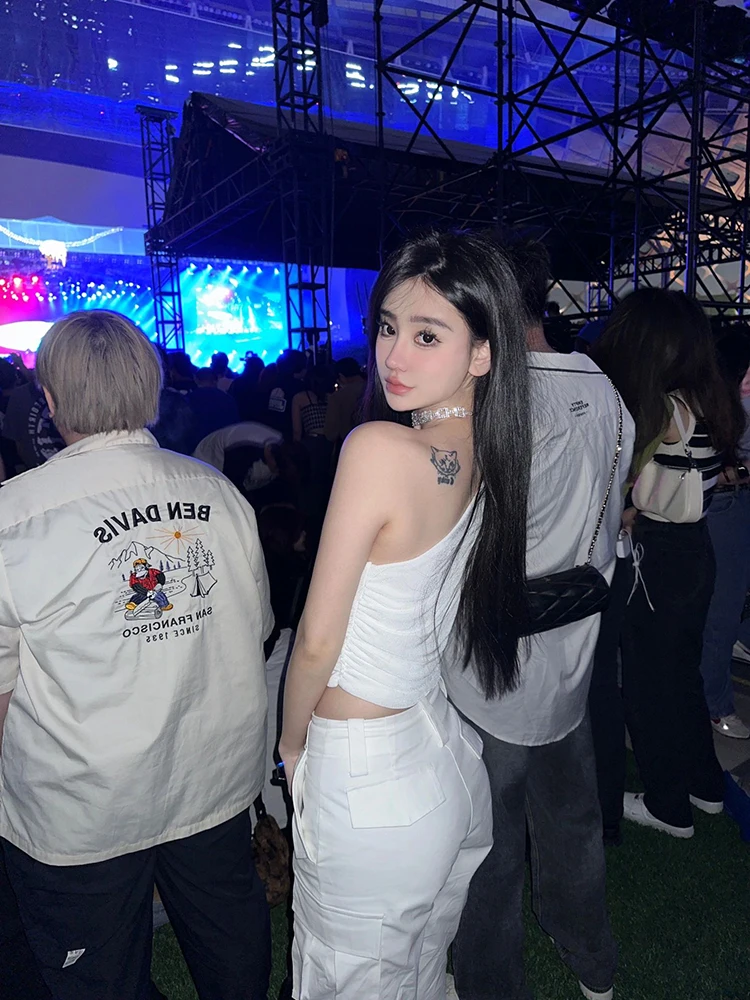 Faionable oulder Bared ort Chaleco de vientre plegado para deportes de baile callejero y latino Top T irt Diseño de un solo hombro Algodón M...