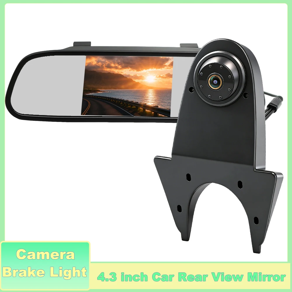 4.3 Inch Car Rear View Mirror Monitor Brake Light Rear View Camera 170° Waterproof Night Vision Reversing Backup Camera Kit
