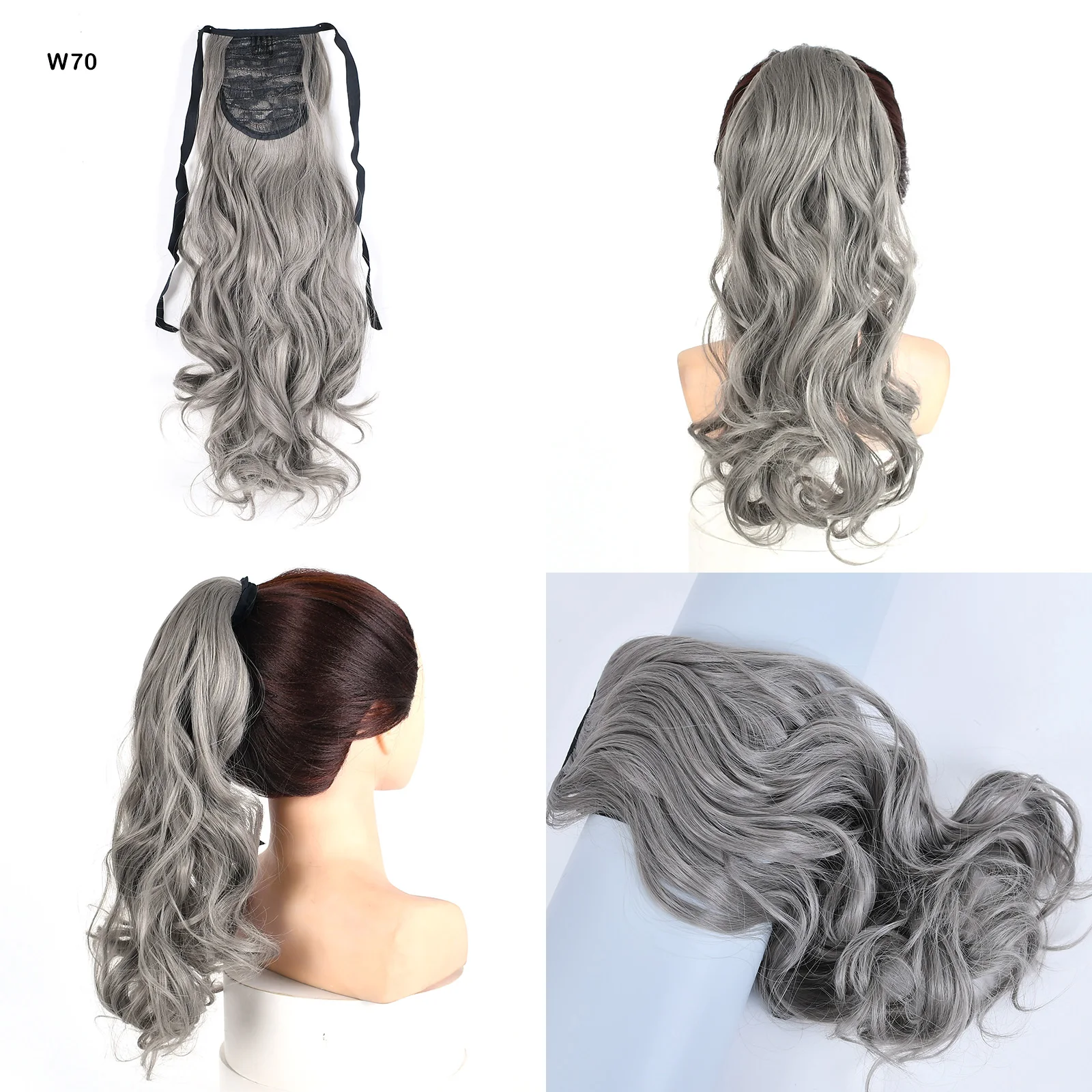 Jeedou Synthetic Ponytails Light Silver Gray Color Hair Extension Ribbon Drawstring Straight Wavy Ponytail Cosplay Hairpiece