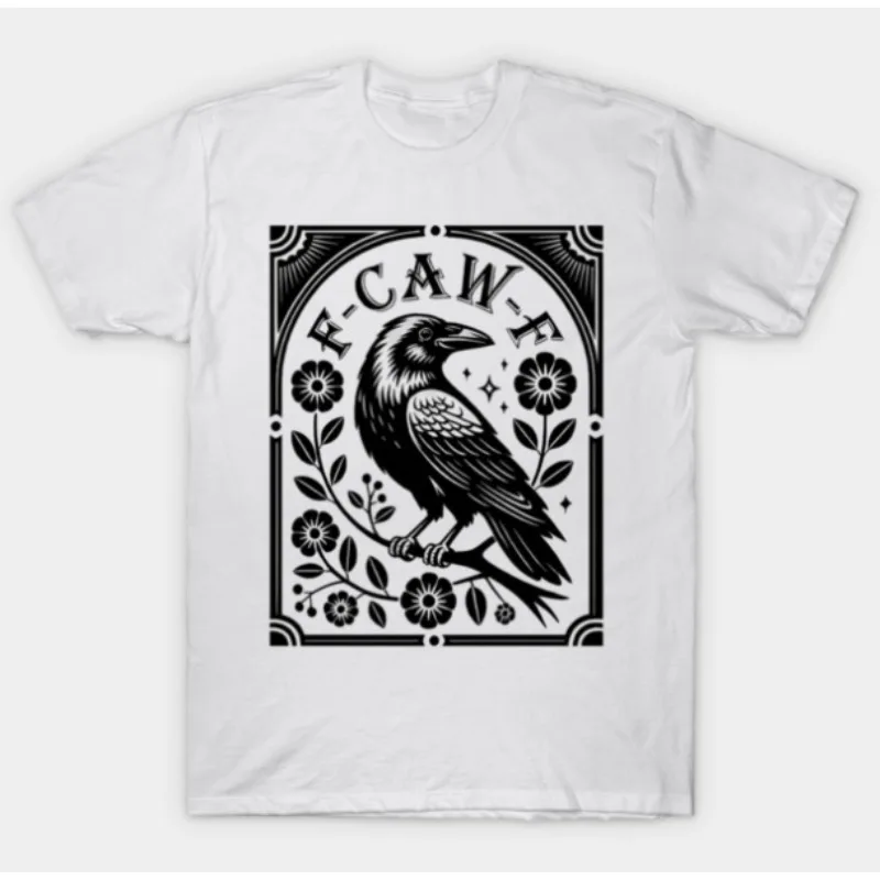 

F-CAW-F Vintage Crow Tee, Botanical Raven Perched on Branch Illustration, Ornate Frame Graphic Shirt for Retro Elegance Classic