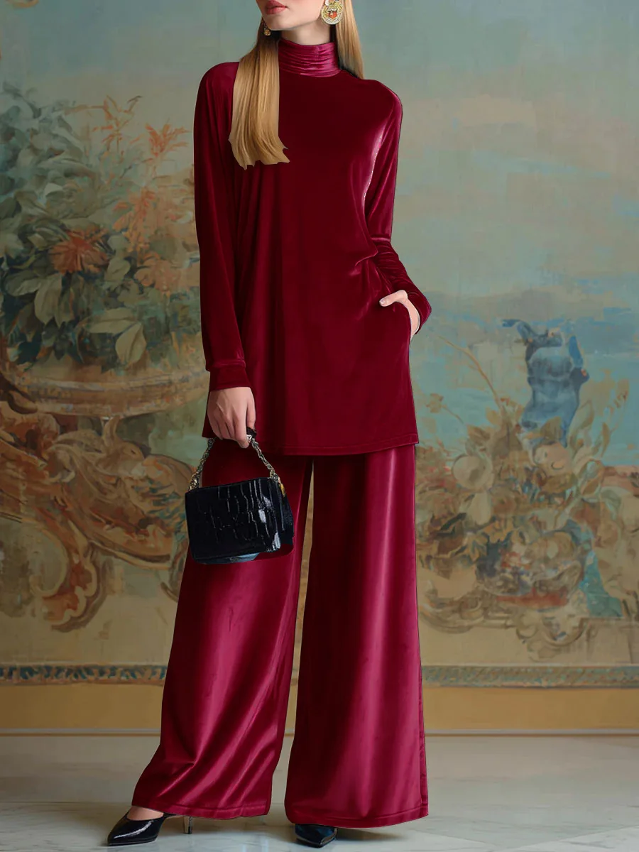 MsChuh Women's 2-piece Set Fashion Velvet Turtleneck Slit Top Autumn Winter New Retro Temperament Female Wide Leg Trousers Suit
