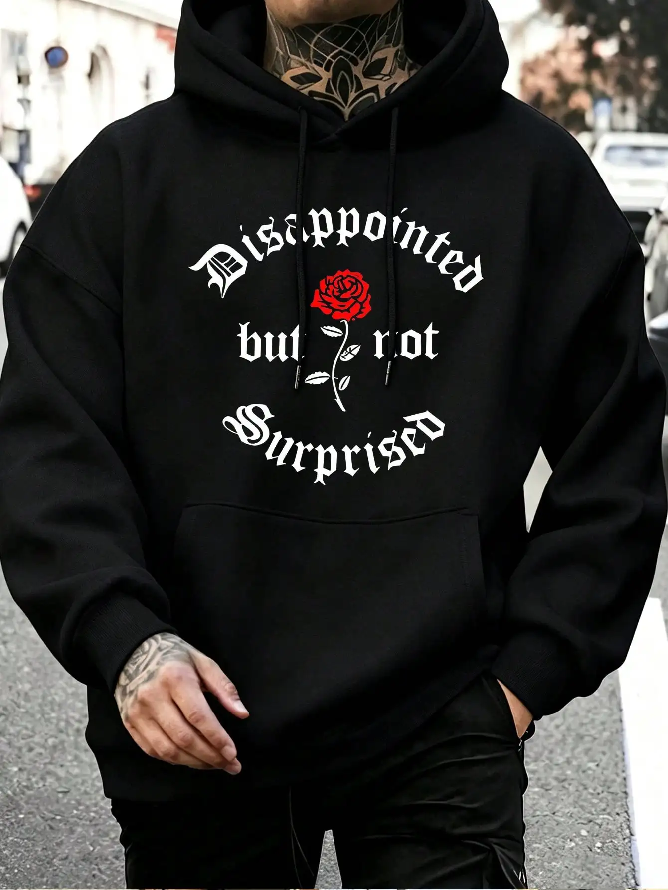 1pc Unisex Hoodie Rose Lettering Print Black Hoodie, Hoodies For Men Lightweight Polyester Material, Drawstring Hoodie, Machine