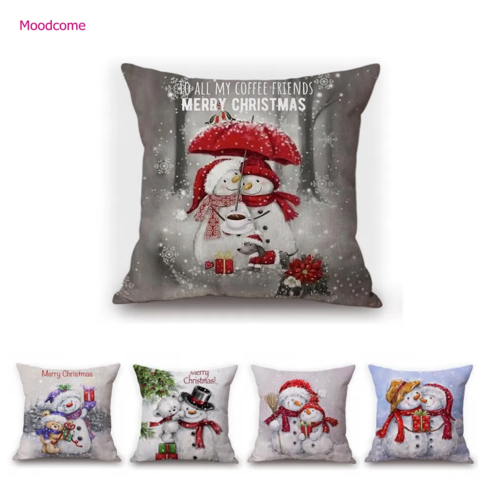 Christmas Decoration Snowman Bear Cute Xmas Art Cozy Sofa Throw Pillow Case Square Cotton Linen Car Chair Cushion Cover