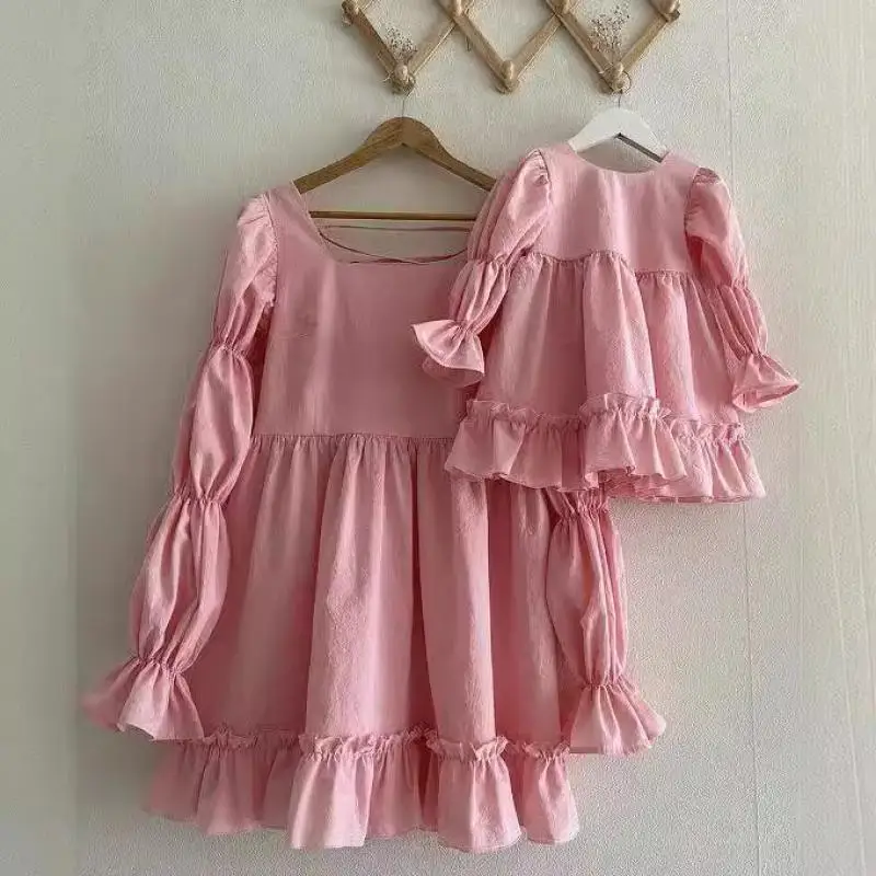 2024 Girls Lantern Sleeves Girls Dress Round Neck Solid Color Sweet Girl Dresses Lace up Children's Fashion Casual New Clothing