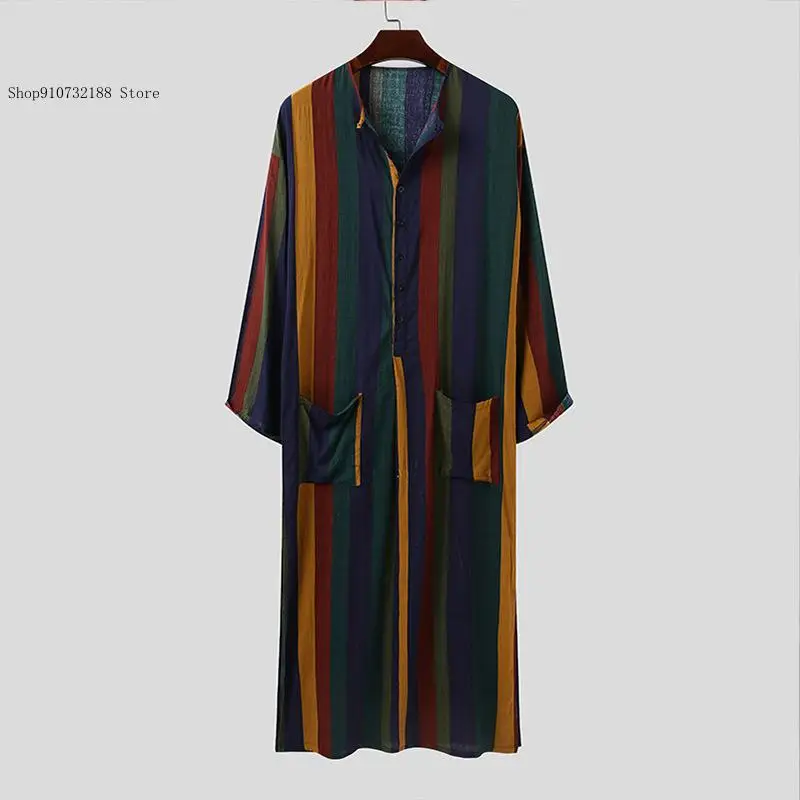 Spring Summer Middle Eastern Arab Muslim Stripe Printed Long Sleeved Jumpsuit for Men