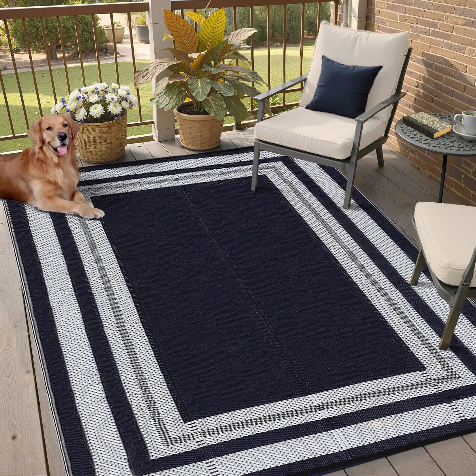 

Outdoor/Indoor Rug Plastic Straw Area Rug Border Carpet Waterproof PP Tube Woven Picnic Mat For Patio Deco