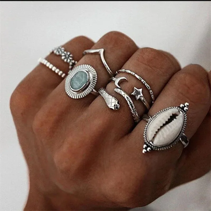 Antique Personality Star Moon Snake Flower Shell Ring Set for Women Style Creative Party Jewelry Accessories Custom Jewelry