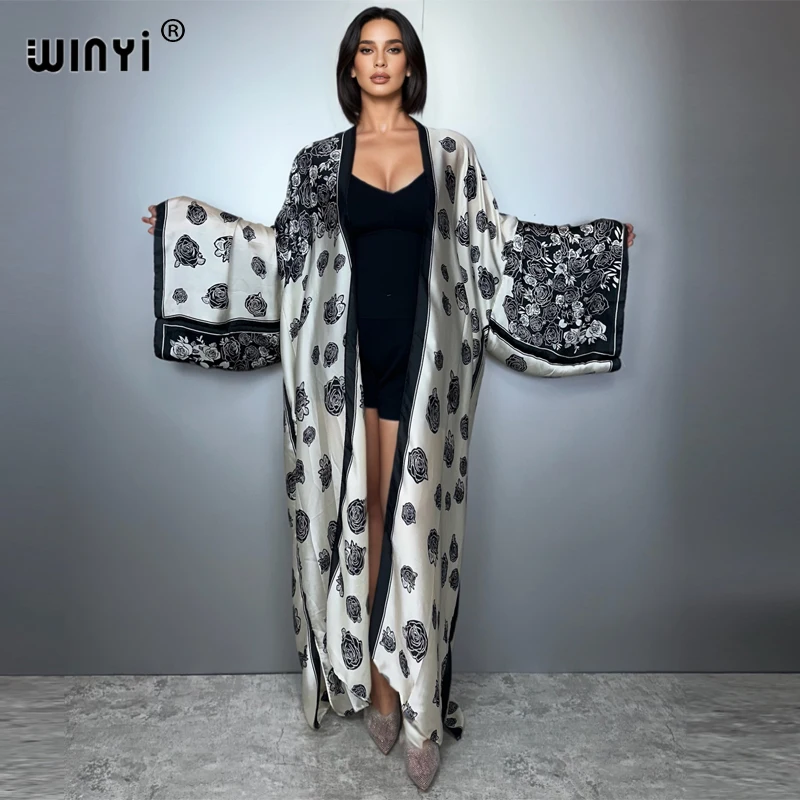 

WINYI print boho kimono maxi beach wear cover up casual party dress abaya dubai luxury muslim woman fashion open front kaftan