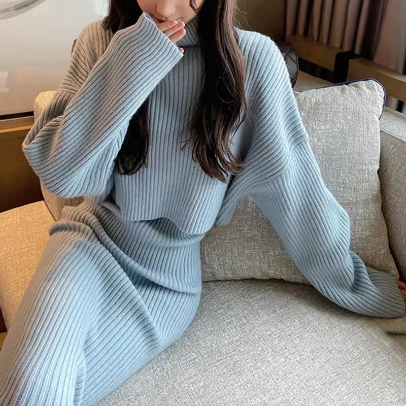 2025 New Autumn/Winter High Collar Sweater For Women, Age Reducing And Slimming Two Piece Set, Thickened Head Knitted Skirt Set