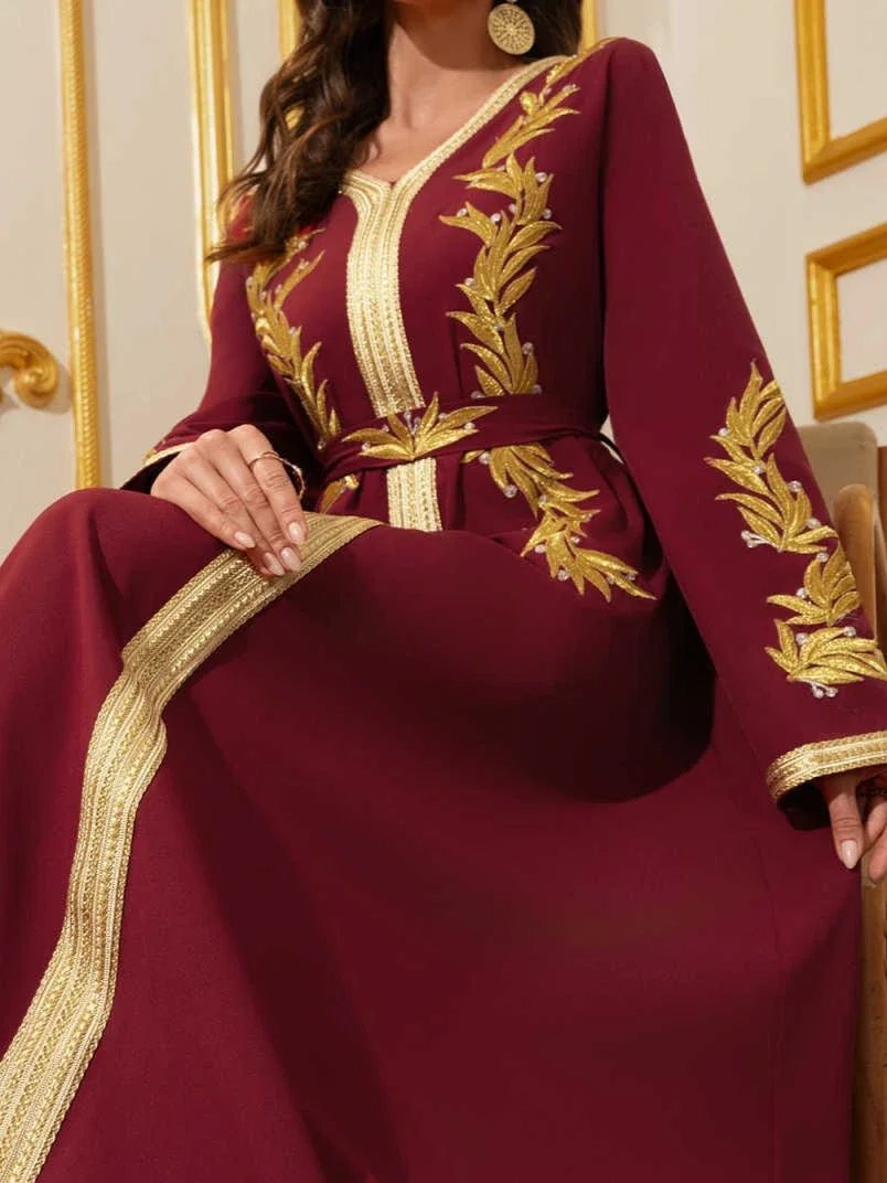Muslimische Frauen Kleid V-ausschnitt Ramadan Eid Party Abaya Kleider Stickerei Arabischen Lange Robe Marokko Dubai Kaftan Islam Vestido Jalabiya