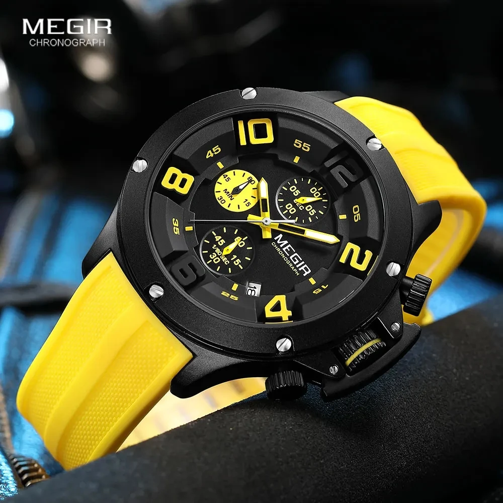 MEGIR 8115 Men Quartz Watch Leisure Sports Shockproof Chronograph Analog Display Yellow Silicone Strap Wrist Watches for Male