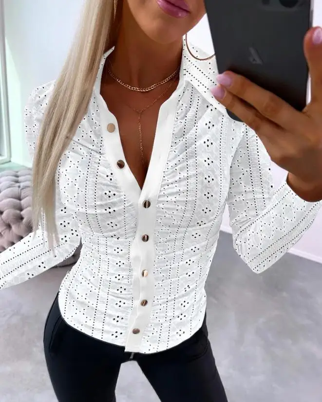 

Women's Blouse 2023 Spring Fashion Eyelet Embroidery Ruched Buttoned Long Sleeve Casual Turn-Down Collar Skinny Daily Shirt Top