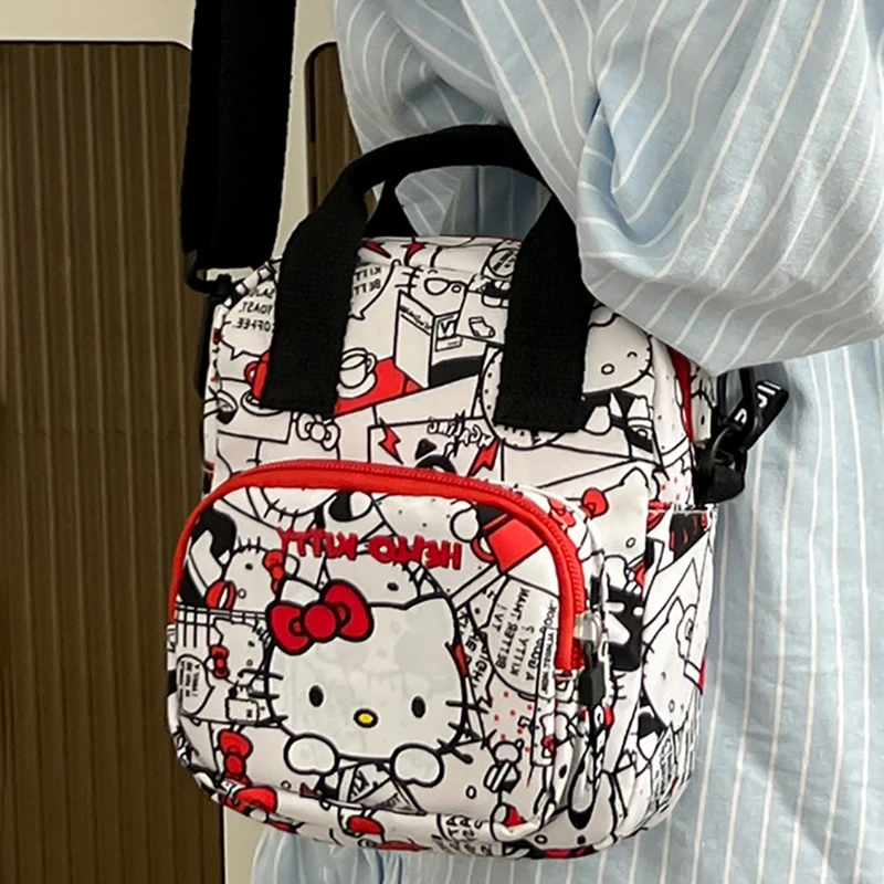 Miniso Hello Kitty Women\'s Bag Cute Casual Shoulder Bag Cartoon Print Mini Children\'s Crossbody Bag Nylon Small Square Bag