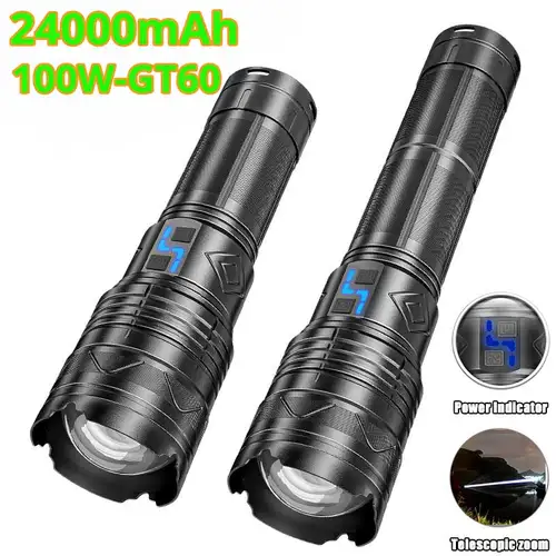 폭발적인 밝기 슈퍼 브라이트 전술 손전등, 장거리 강력한 LED 토치, 12800mah 24000mah 배터리, 10000W GT60