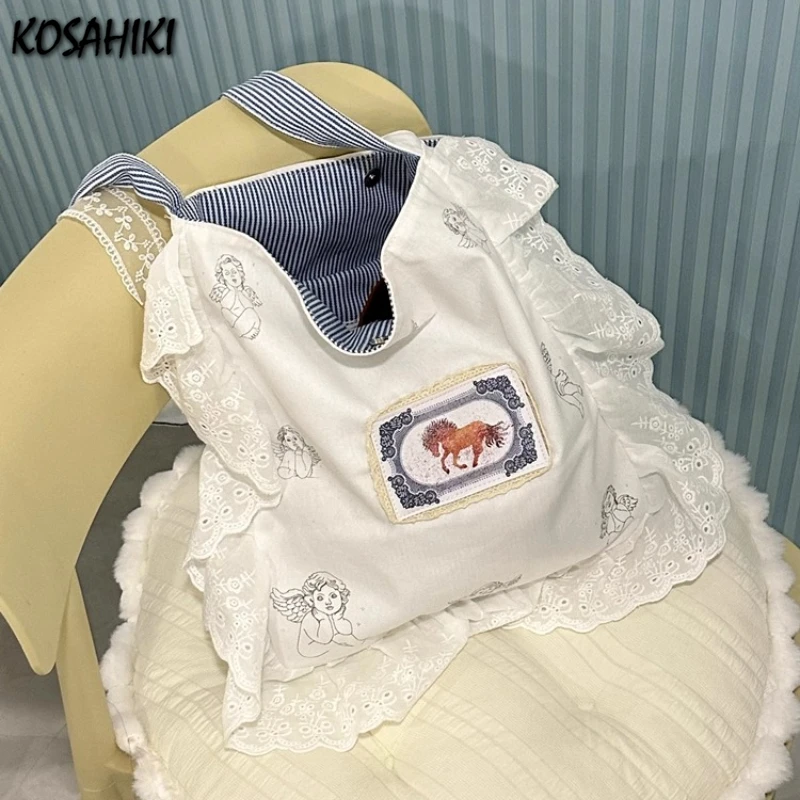 

Fashion Sweet Lace Patchwork Women's Handbags Summer Y2k Aesthetic Casual Fairy Shoulder Bags Grunge All Match Chic Underarm Bag