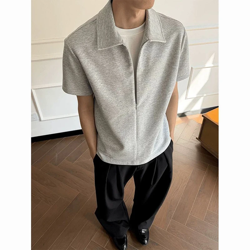 Men American Fake Two Piece Zipper Polo Shirts Summer Heavyweight Straight Shoulder Lapel Short Sleeve T Shirt Luxury Casual Top