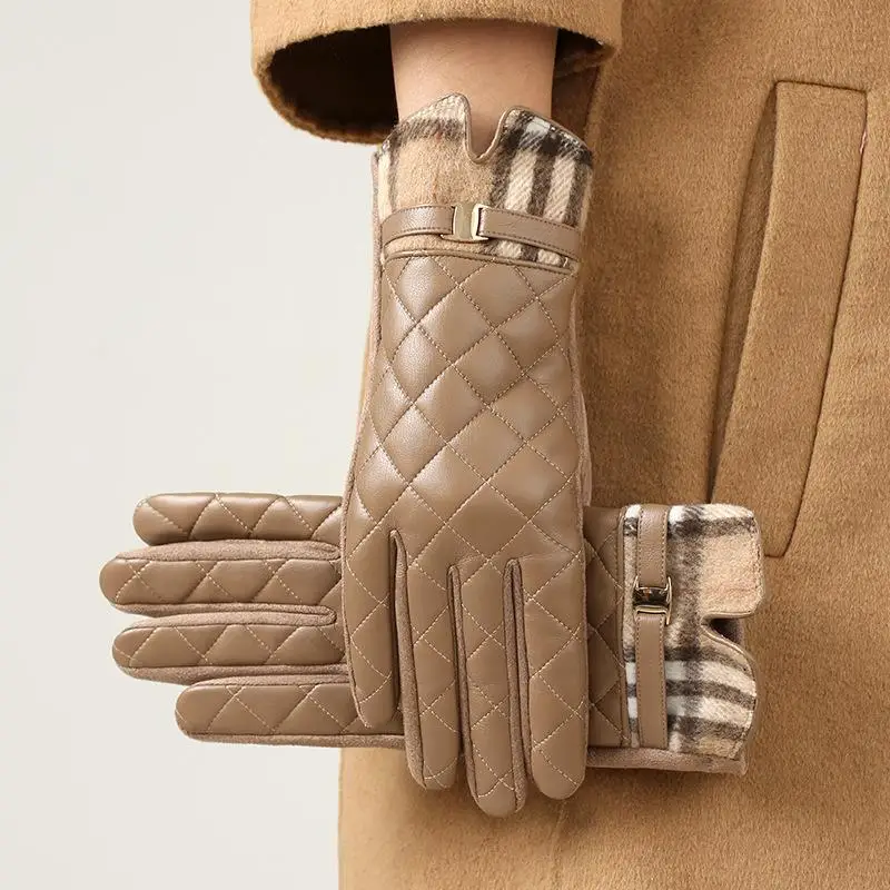 

1Pair Classic Plaid PU Leather Gloves For Women Winter Warm Plush Touch Screen Outdoor Cycling Gloves