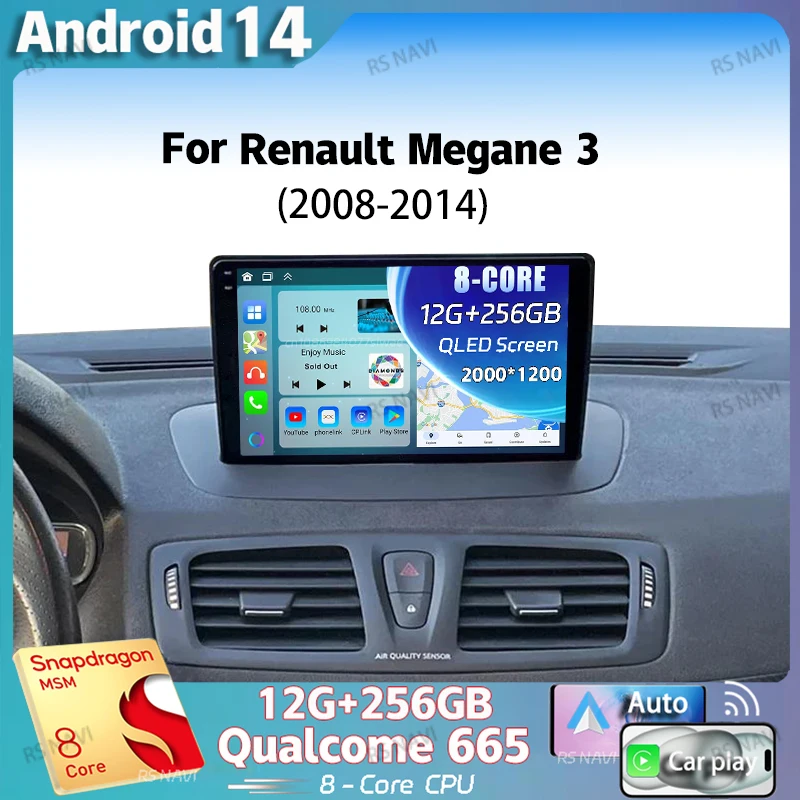 Android 14 For Renault Megane 3 2008 - 2014 2K QLED Android Car Radio Multimedia Video Player GPS AI Voice CarPlay 4G Stereo