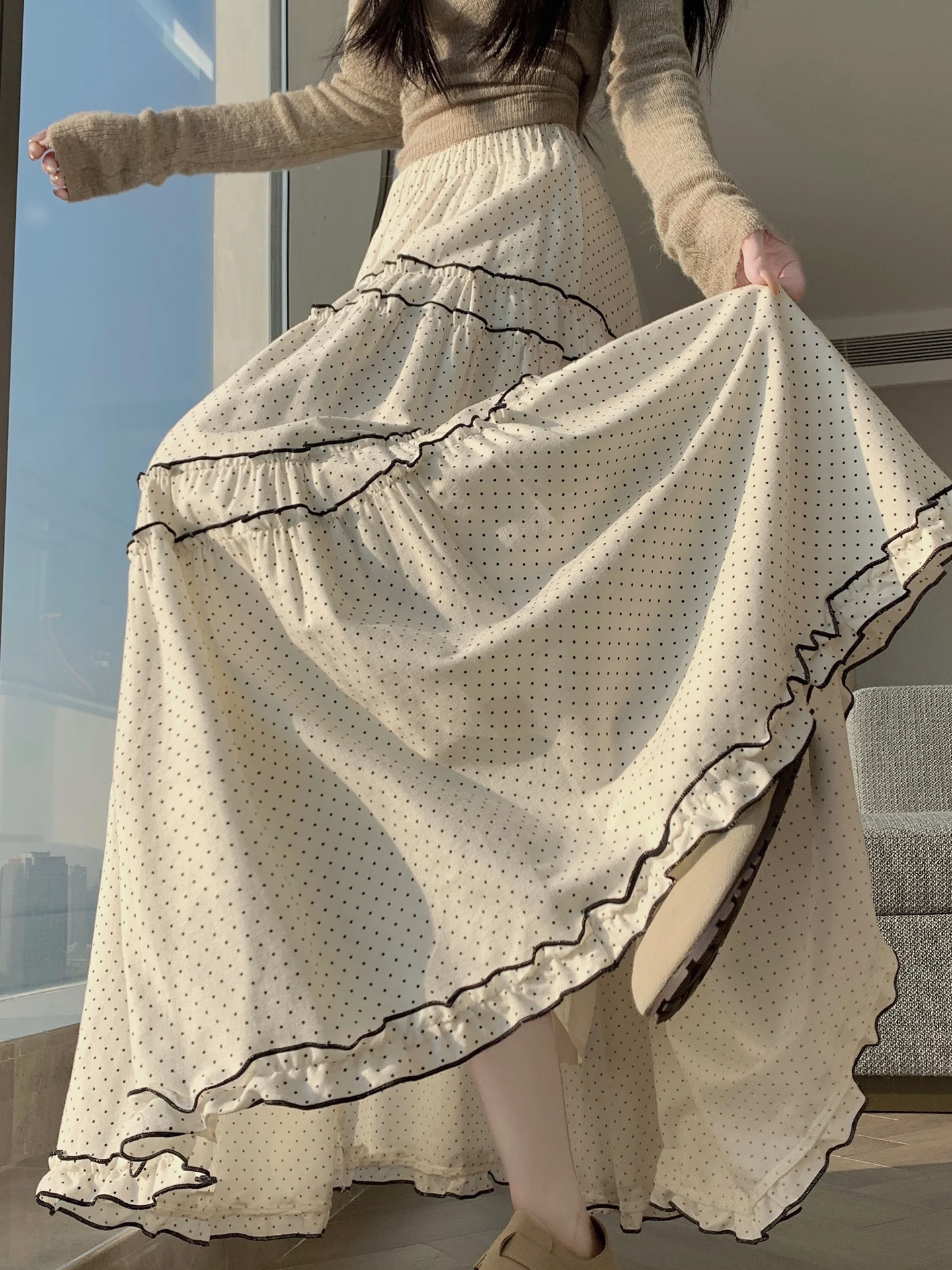ارتفاع الخصر ألف خط f تنورة البولكا نقطة كعكة Sle الفتيات ربيع الخريف الشتاء النسخة الكورية الأزهار الدانتيل الربط تنورة