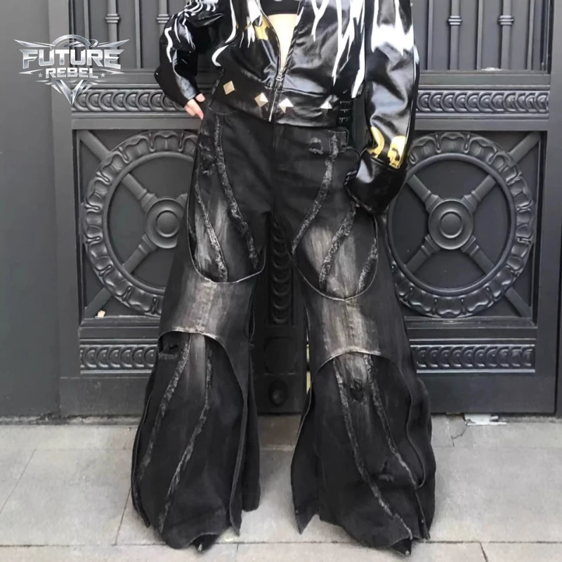 Y2K Heavy Duty Patchwork Distressed Denim Jeans Unisex Gothic Loose Flared Bell Vintage Hip Hop Washed Wide Leg Trendy Harajuku