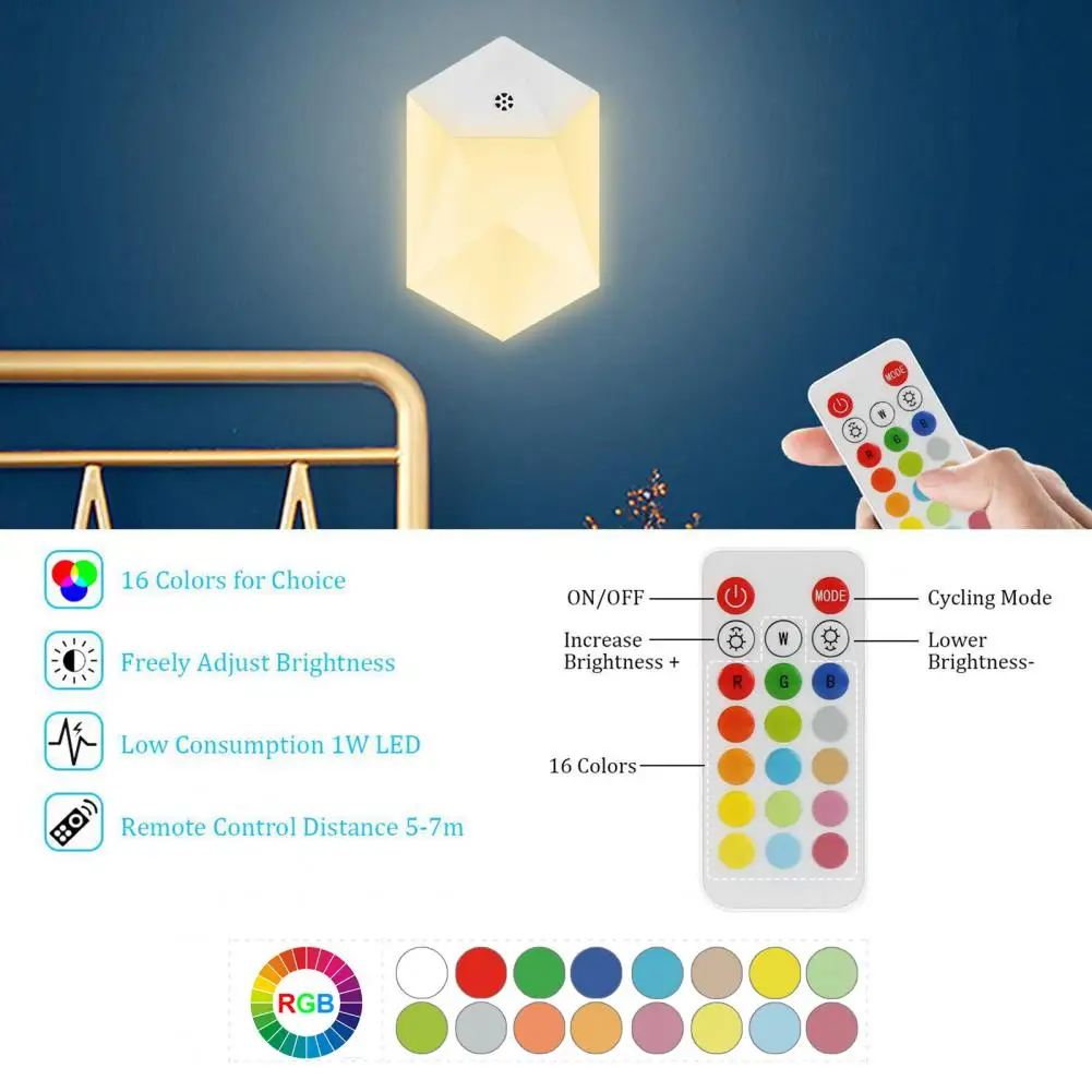 

LED Lamp Convenient Remote Control Compact Size Wireless 16 Colors RGB Night Lamp Decor Home Accessories